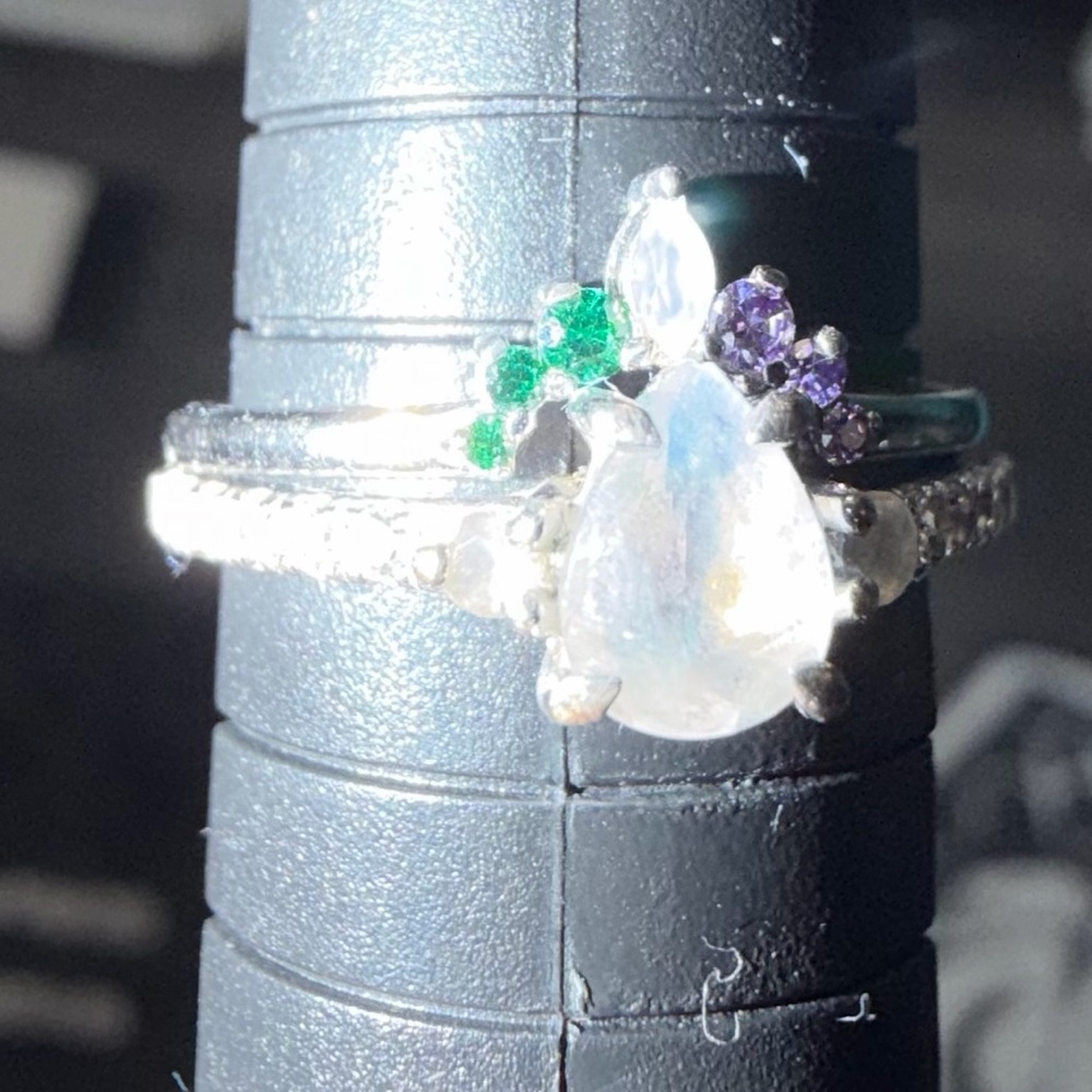 Moonstone pear engagement ring and wedding band featuring Emeralds & Amethysts - Picture 3 of 7